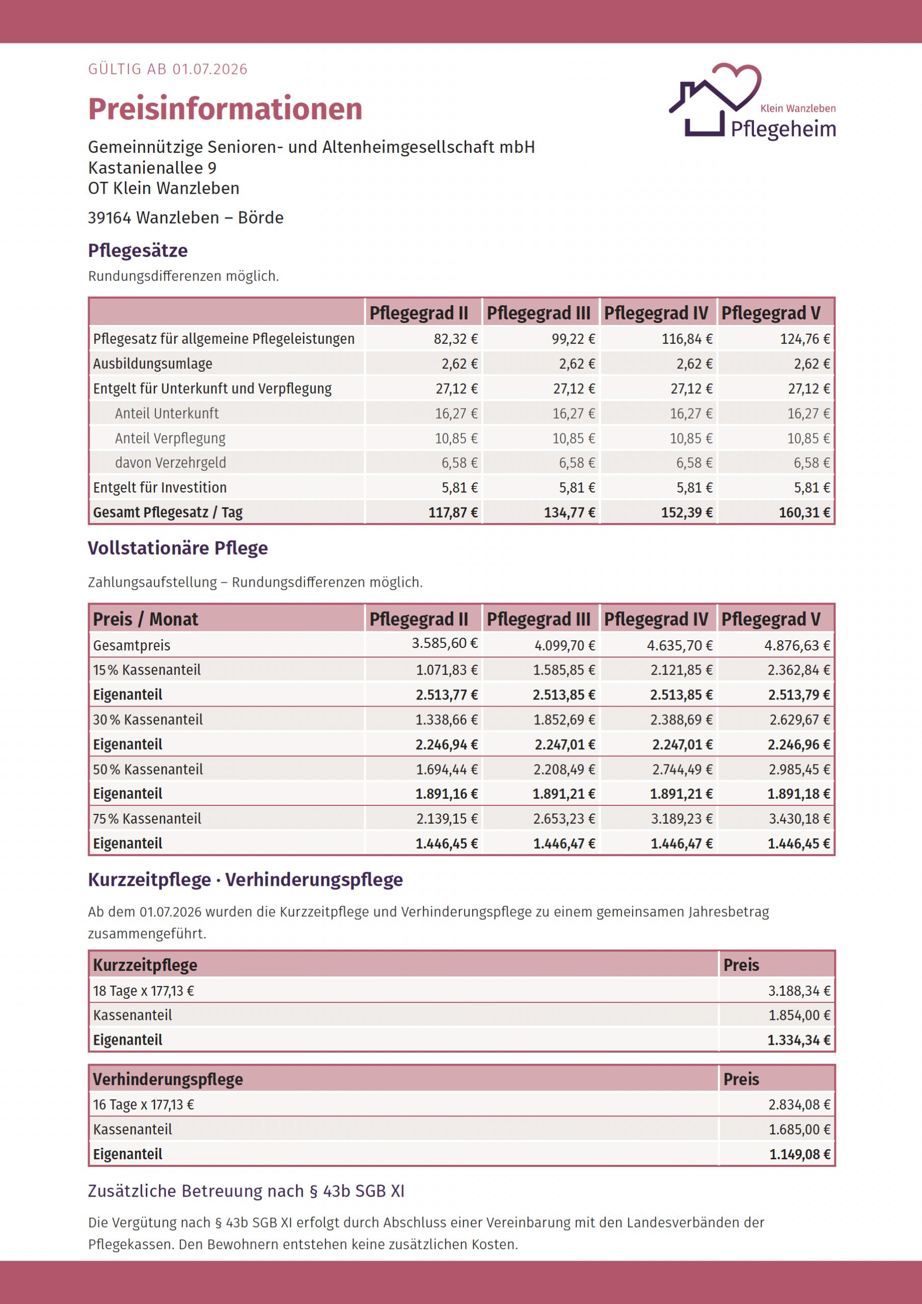 Preisinformationen Pflegeheim Klein Wanzleben ab Juli 2026